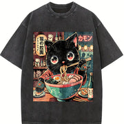 Urban Explorer and Grunge Vibe: Neko Ramen Cat Eating Vintage Washed T-Shirt in Black