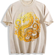 Retro Gold Chinese Dragon 90s Vintage Washed T-Shirt in Beige