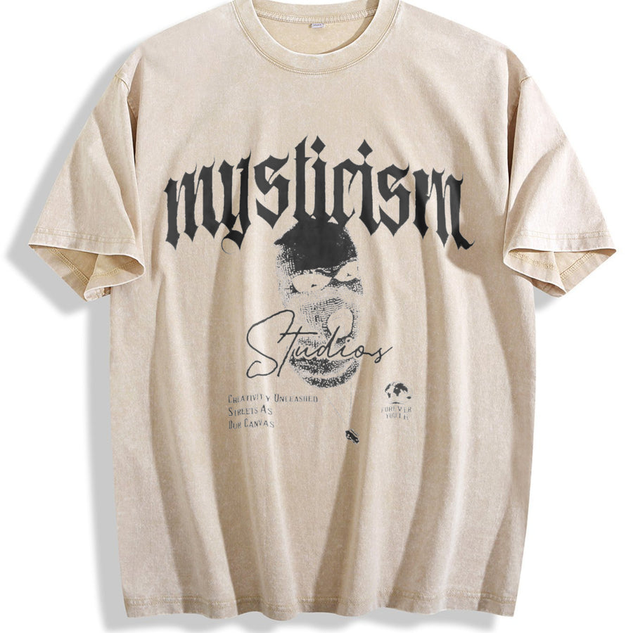 Mysticism Studios Ski Mask Gothic Letter Back Vintage Washed T-Shirt in Beige