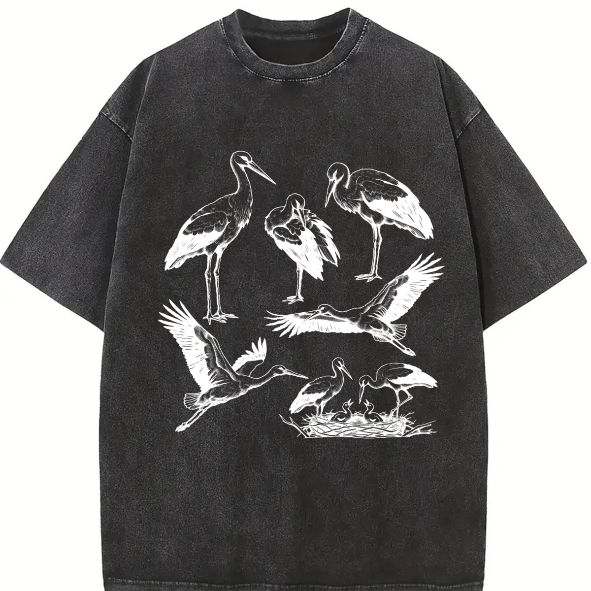 Stork Bird 90s Tattoo Vintage Washed T-Shirt in Black