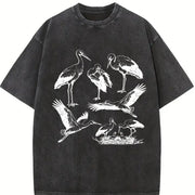 Stork Bird 90s Tattoo Vintage Washed T-Shirt in Black