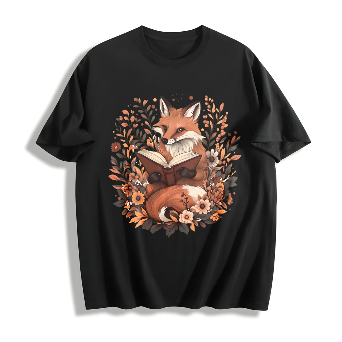 Ladies' Bohemian Short-sleeve Floral with a an Elegant Fox Cotton T-Shirt in Black