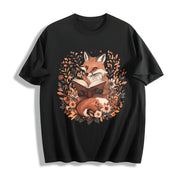 Ladies' Bohemian Short-sleeve Floral with a an Elegant Fox Cotton T-Shirt in Black