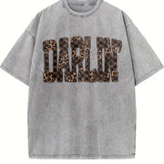 Retro Western Checkered Leopard Western Concert vintage washed oversized T-shirt in Gray