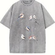 Winter Birds Retro 90s Tattoo Vintage Washed T-Shirt in Gray