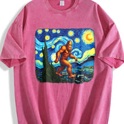 Retro Bigfoot on Starry Night 90s Vintage Washed T-Shirt in Red