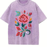 Bohemian Floral Imitation Embroidery Vintage Washed T-Shirt in Purple