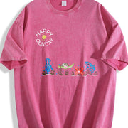 Sea Animals Embroidered Vintage Washed T-Shirt in Red