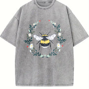 Wildflower Bee Embroidered Vintage Washed T-Shirt in Gray