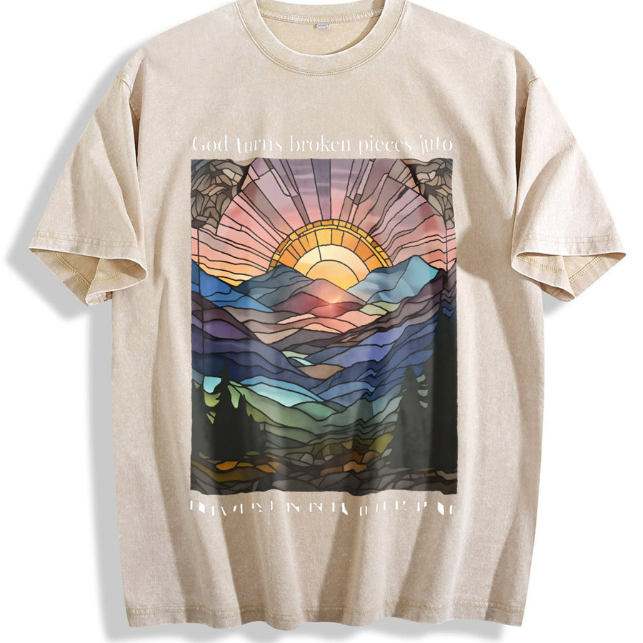 Heavy - with Front & Back Geometric Soft Breathable vintage washed oversized T-shirt in Beige