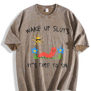 Wake Up Slts Animal Meme Sarcastic Cursed Unhinged Humor Vintage Washed T-Shirt in Brown