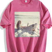 Woman with a Laptop in the Ocean Vintage Washed T-Shirt in Red