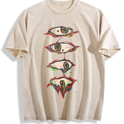Couple Eye Embroidery vintage washed oversized T-shirt in Beige