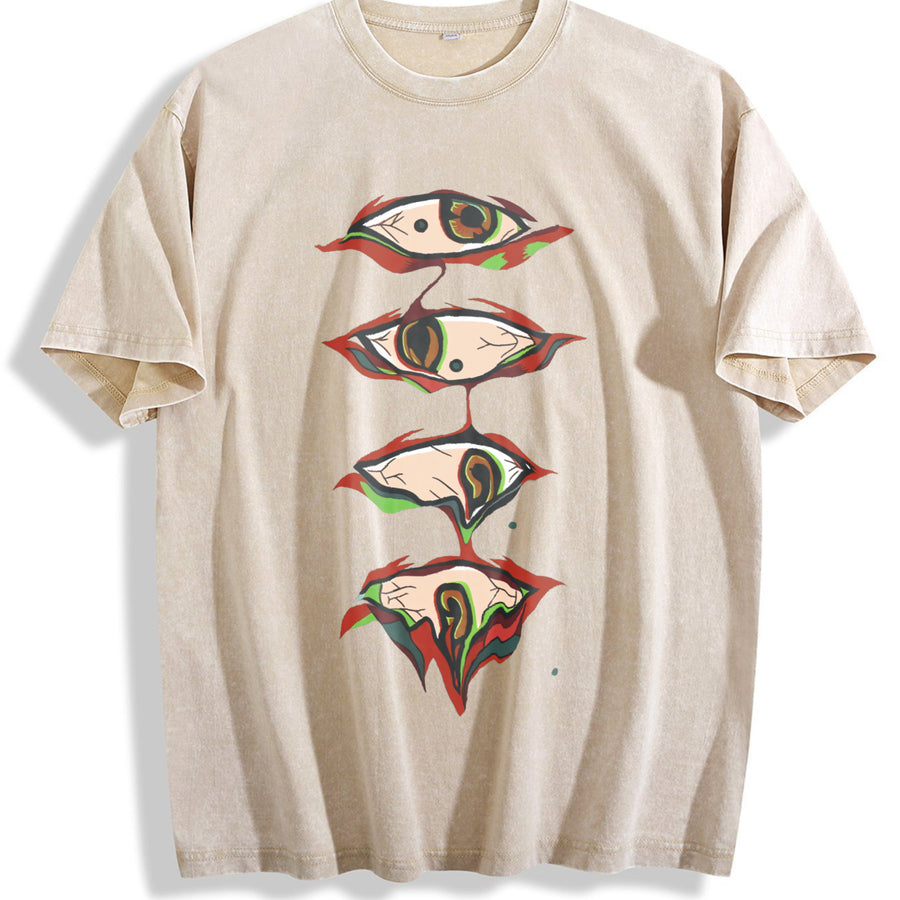 Couple Eye Embroidery vintage washed oversized T-shirt in Beige