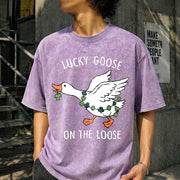 St Patricks Day Goose Vintage Washed T-Shirt in Purple