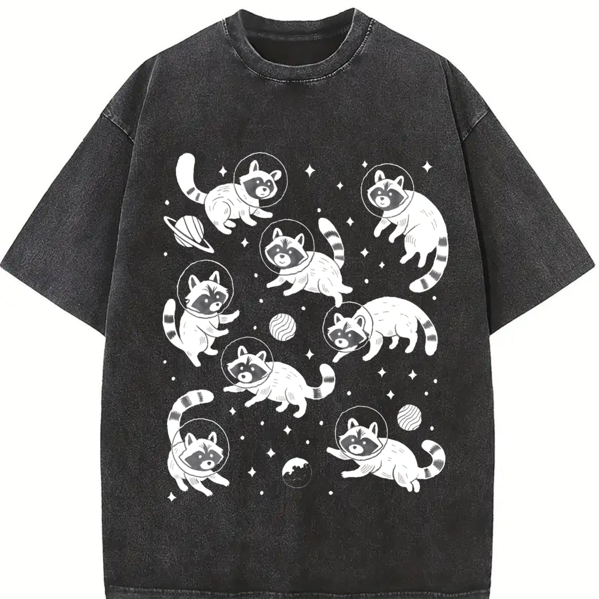 Retro Raccoon in Space 90s Vintage Washed T-Shirt in Black