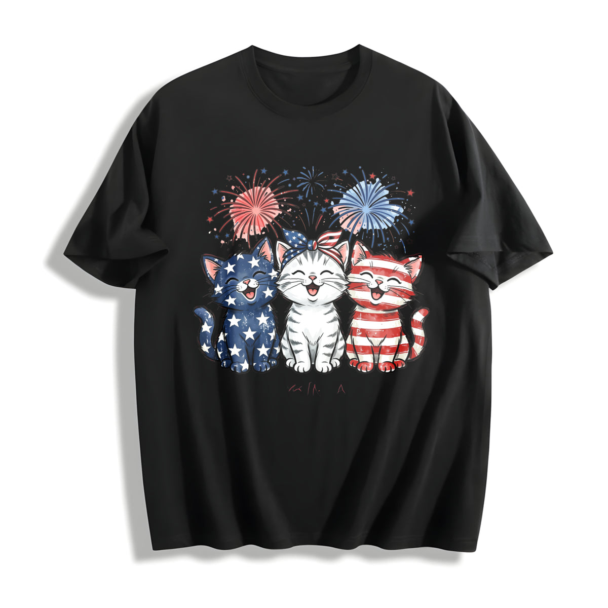 Patriotic Cats American Flag Kittens Cotton T-Shirt in Black