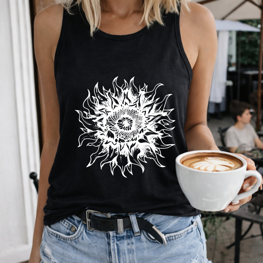 Sun Flame Mandala Art Crew-neck Sleeveless Vest Outdoor Women's Color Cotton Tank Top in Black