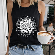 Sun Flame Mandala Art Crew-neck Sleeveless Vest Outdoor Women's Color Cotton Tank Top in Black