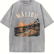 Malibu California Beach Travel Coastal Surf Souvenir Surf Vintage Washed T-Shirt in Gray