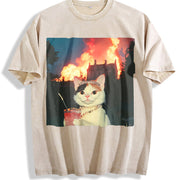 Glam Cat with a Fire Background Vintage Washed T-Shirt in Beige