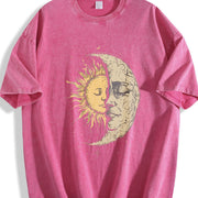 Mystical Sun and Moon Face Yin Yang Hippie Chic Hippy Vintage Washed T-Shirt in Red