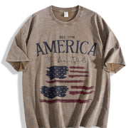 America the Beautiful EST 1776 Distressed Flag Double Vintage Washed T-Shirt in Brown