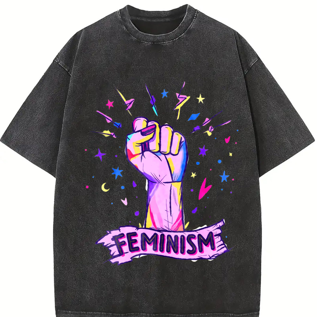 Luokeren Feminist Retro with Empowerment Fist & Stars Vintage Washed T-Shirt in Black
