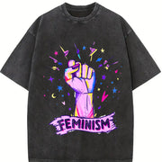 Luokeren Feminist Retro with Empowerment Fist & Stars Vintage Washed T-Shirt in Black