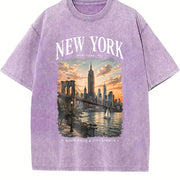 New York City NYC Travel Souvenir Urban Skyline Vintage Washed T-Shirt in Purple
