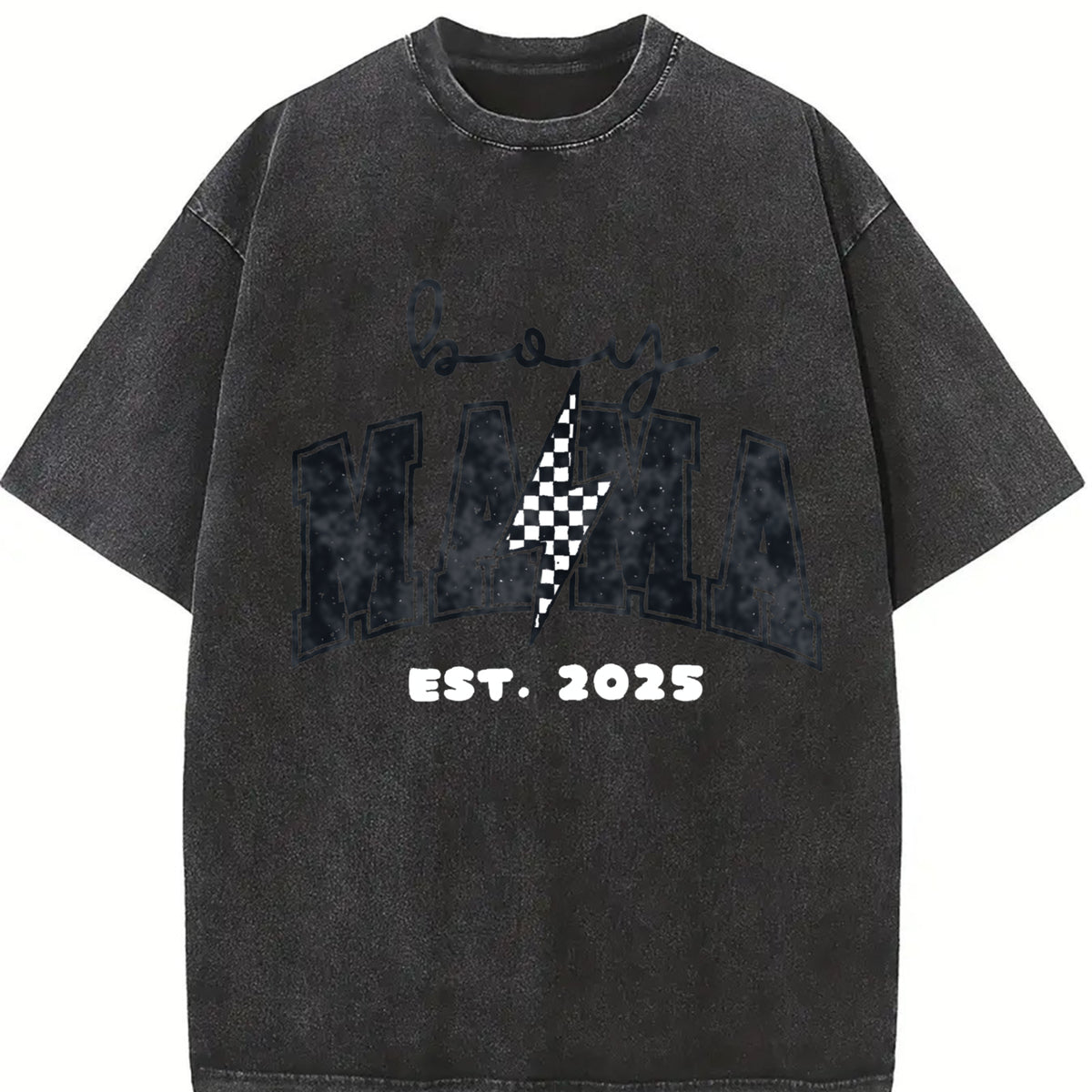 Boy Mom Custom Est Date New Mama Lighting Bolt First Time Vintage Washed T-Shirt in Black