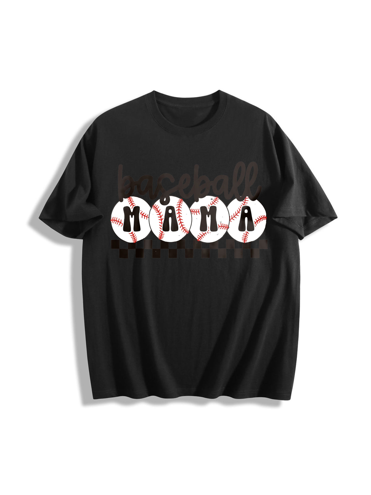 Baseball Mama Checkered Mama Cotton T-Shirt in Black