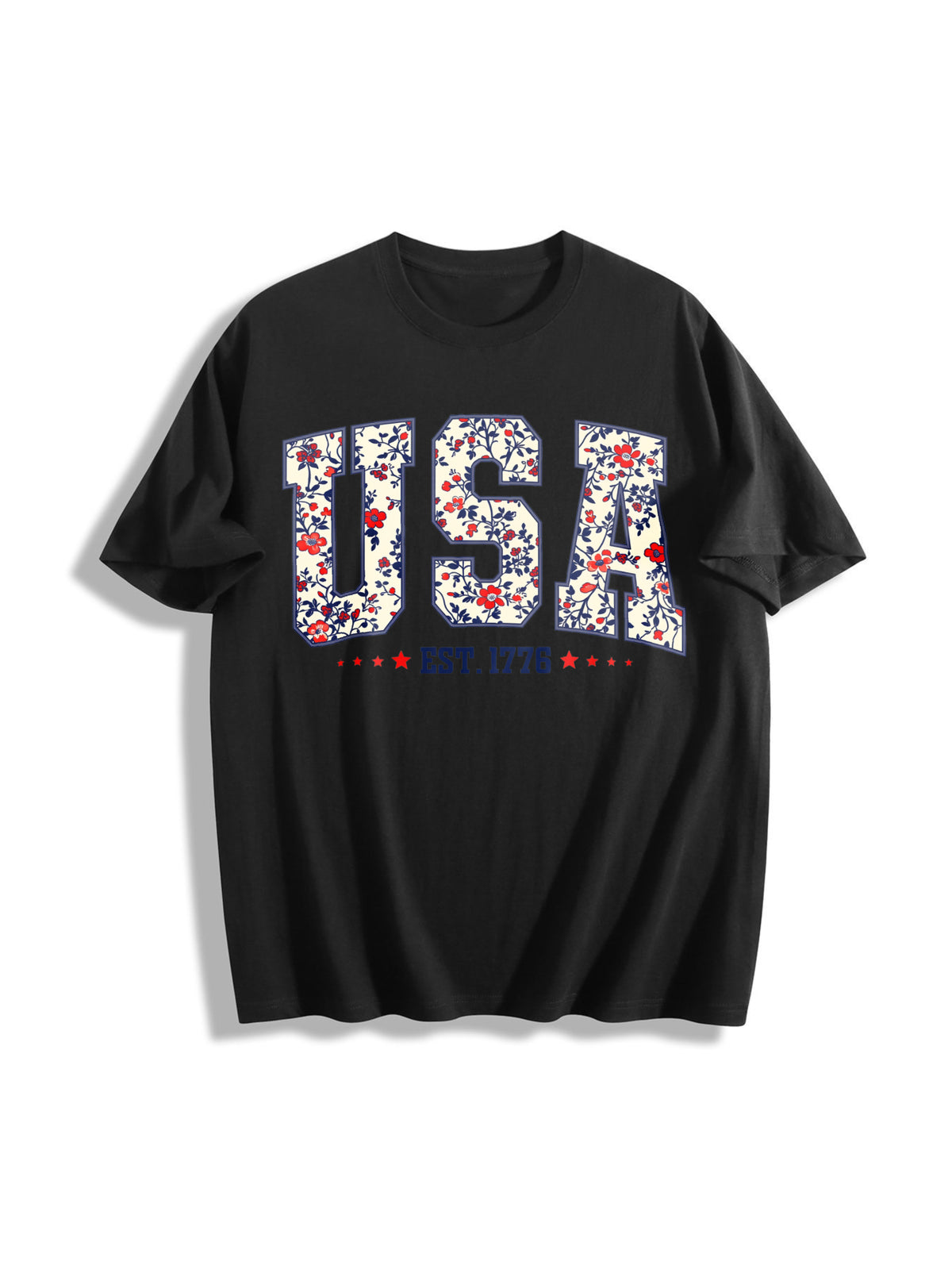 Floral USA Retro America Cotton T-Shirt in Black