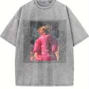 Woman in a Pink Snowsuit Vintage Washed T-Shirt in Gray