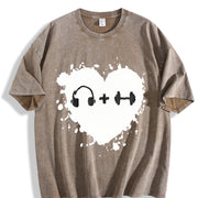 Headphones Dumbbell Heart Vintage Washed T-Shirt in Brown