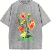 Abstract Tulips Vintage Washed T-Shirt in Gray