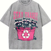 Stay Trashy Black with Pink Raccoon & Bin Vintage Washed T-Shirt in Gray