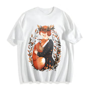 Bohemian Fox Mom Warm Hug One-piece Cotton T-Shirt in White