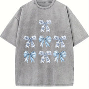 Toile Bow Blue Coquette Cute Ribbon Girly Girl Vintage Washed T-Shirt in Gray