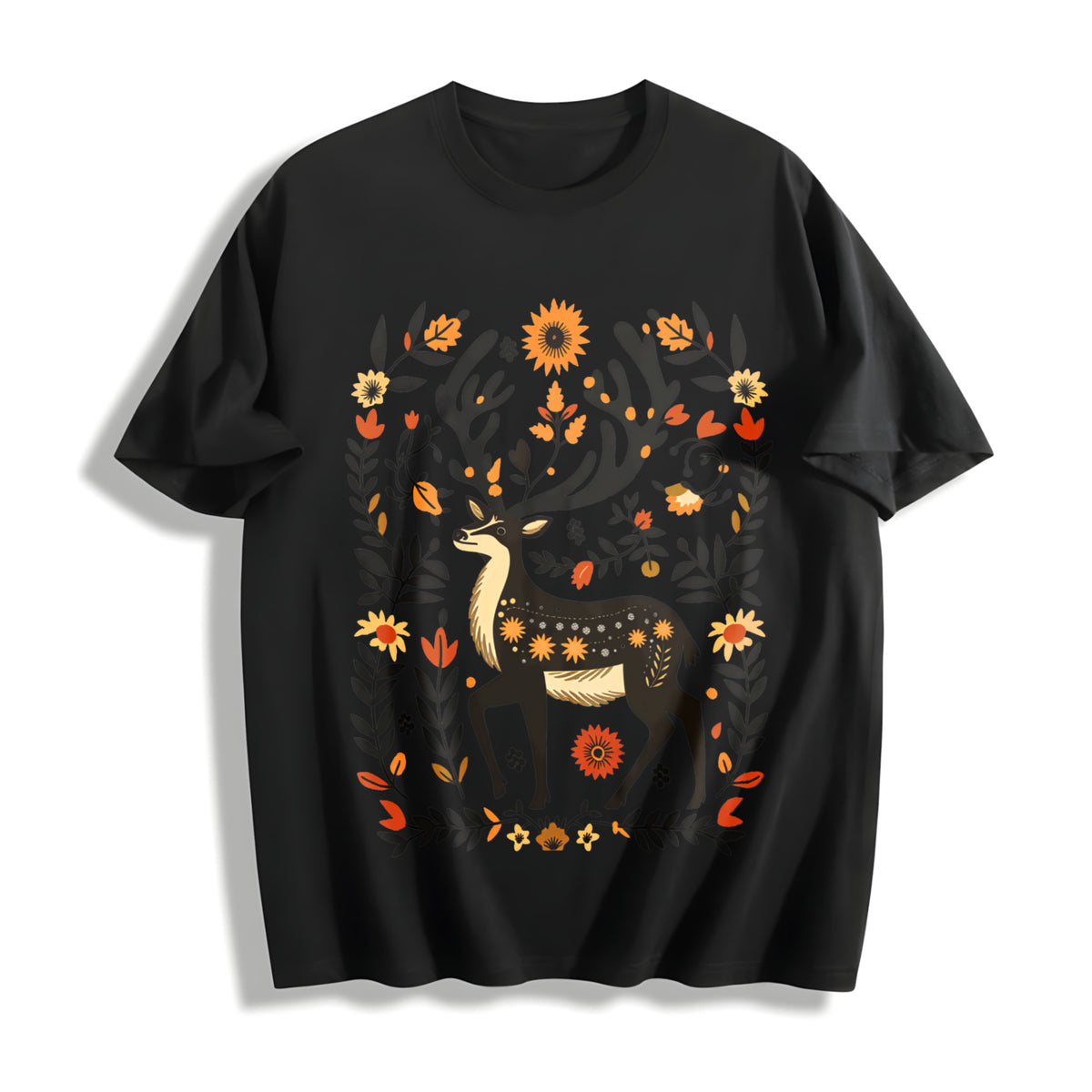 A Bohemian- Floral Moose Cotton T-Shirt in Black