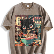 Urban Explorer and Grunge Vibe: Neko Ramen Cat Eating Vintage Washed T-Shirt in Brown