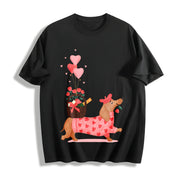 Valentine's Day Spring/ Dachshund Delivering Flowers Cotton T-Shirt in Black