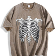 Gothic Skeleton Ribcage Drip Sleeveless Tank Vintage Washed T-Shirt in Brown