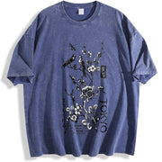 Floral Birds vintage washed oversized T-shirt in Blue