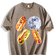 Hot Dog Moon 90s Retro Food Moon Vintage Washed T-Shirt in Brown