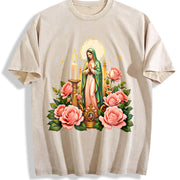 Mexican-inspired Our of Guadalupe & Pink Roses Vintage Washed T-Shirt in Beige