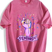 Luokeren Feminist Retro with Empowerment Fist & Stars Vintage Washed T-Shirt in Red