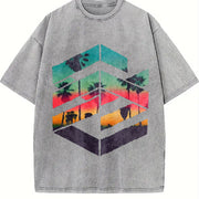 Tropical Sunset Palm Tree Sleeveless Tank Vintage Washed T-Shirt in Gray