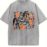 Bohemian Floral & Black Horse Vintage Washed T-Shirt in Gray