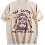 Oh Look No One Cares Retro Woman Vintage Washed T-Shirt in Beige